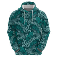 Teal Monstera Zip Hoodie Polynesian Tribal Pattern - Polynesian Pride