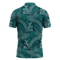 Teal Monstera Zipper Polo Shirt Polynesian Tribal Pattern - Polynesian Pride