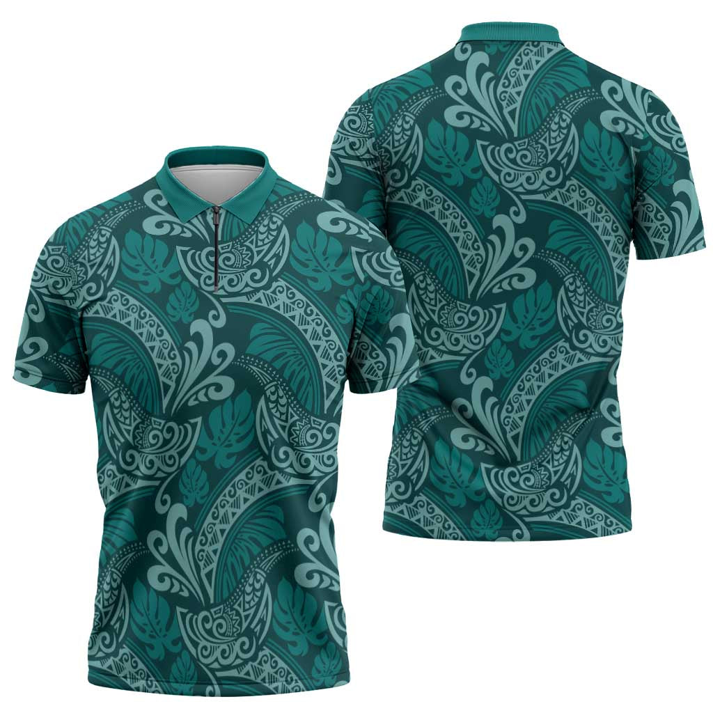 Teal Monstera Zipper Polo Shirt Polynesian Tribal Pattern - Polynesian Pride