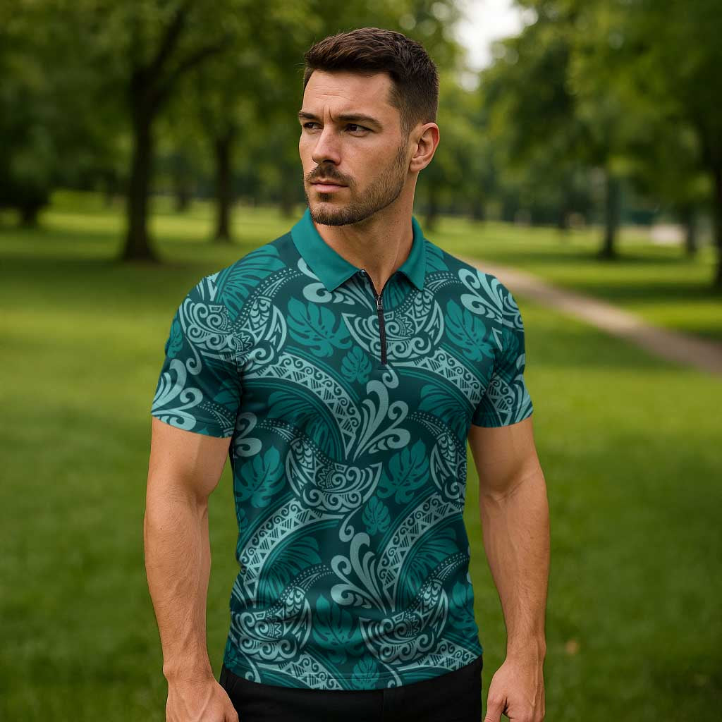 Teal Monstera Zipper Polo Shirt Polynesian Tribal Pattern - Polynesian Pride
