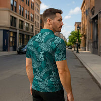 Teal Monstera Zipper Polo Shirt Polynesian Tribal Pattern - Polynesian Pride
