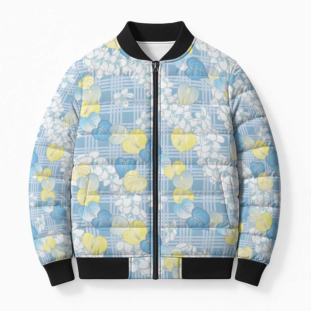 Anthurium Plumeria Lei Pastel Bomber Puffer Jacket Blue Hawaiian Splendid Palaka