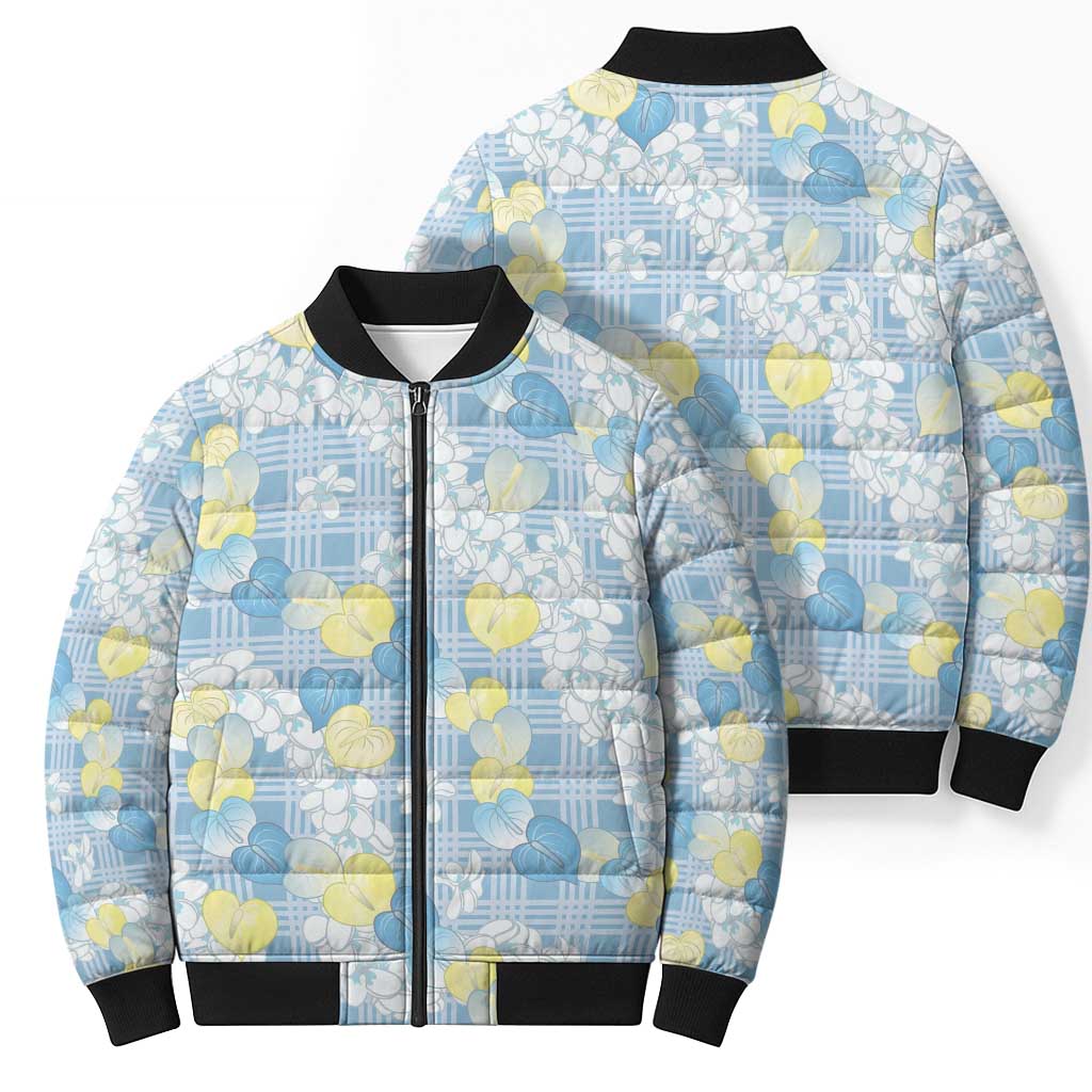 Anthurium Plumeria Lei Pastel Bomber Puffer Jacket Blue Hawaiian Splendid Palaka