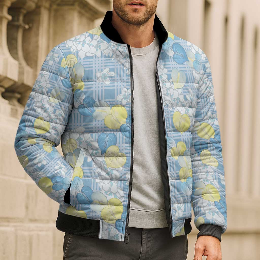 Anthurium Plumeria Lei Pastel Bomber Puffer Jacket Blue Hawaiian Splendid Palaka