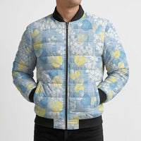 Anthurium Plumeria Lei Pastel Bomber Puffer Jacket Blue Hawaiian Splendid Palaka