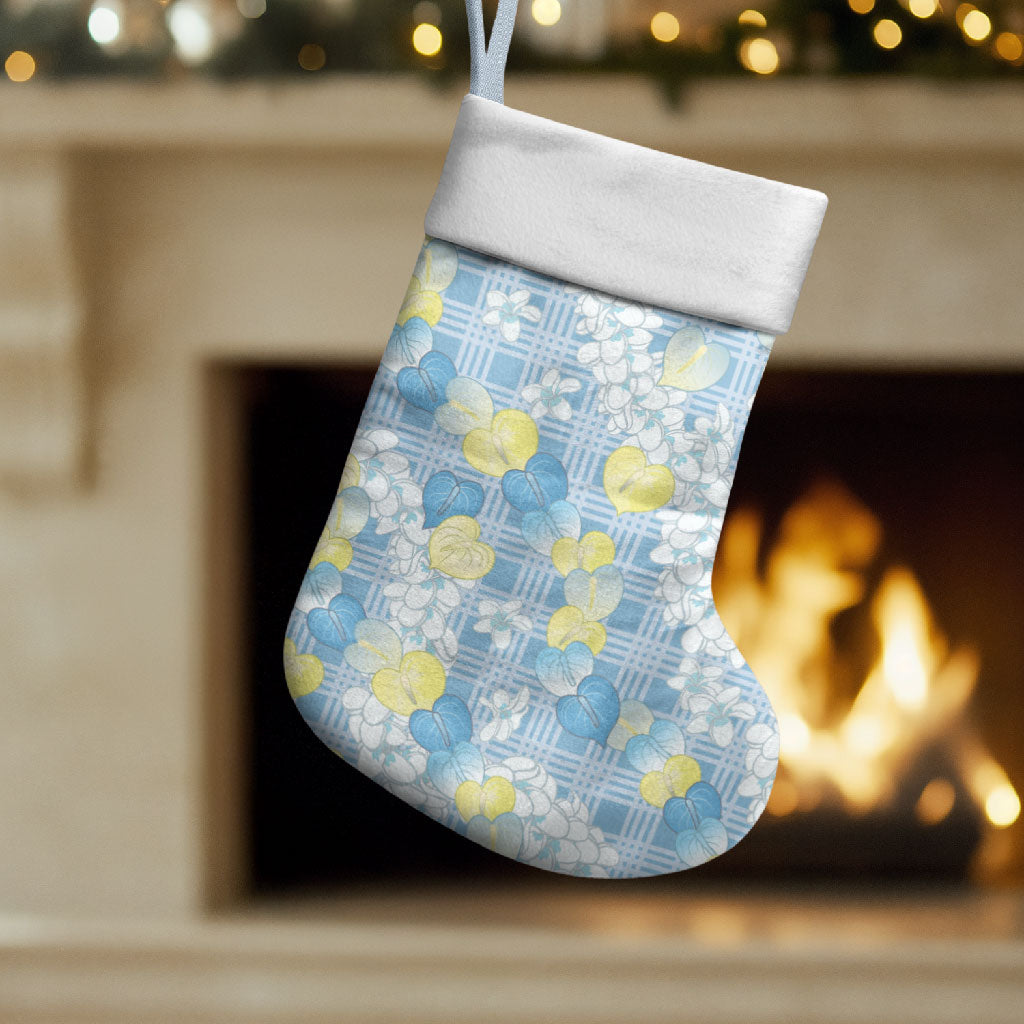 Anthurium Plumeria Lei Pastel Christmas Stocking Blue Hawaiian Splendid Palaka LT01 Set of 2 Blue - Polynesian Pride