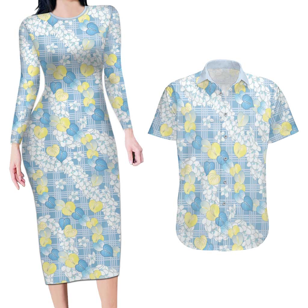 Anthurium Plumeria Lei Pastel Couples Matching Long Sleeve Bodycon Dress and Hawaiian Shirt Blue Hawaiian Splendid Palaka LT01 Blue - Polynesian Pride