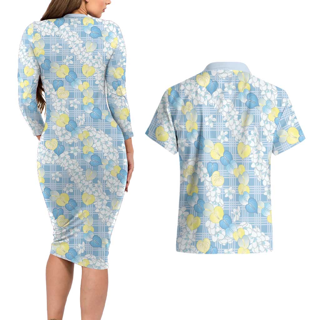 Anthurium Plumeria Lei Pastel Couples Matching Long Sleeve Bodycon Dress and Hawaiian Shirt Blue Hawaiian Splendid Palaka LT01 - Polynesian Pride