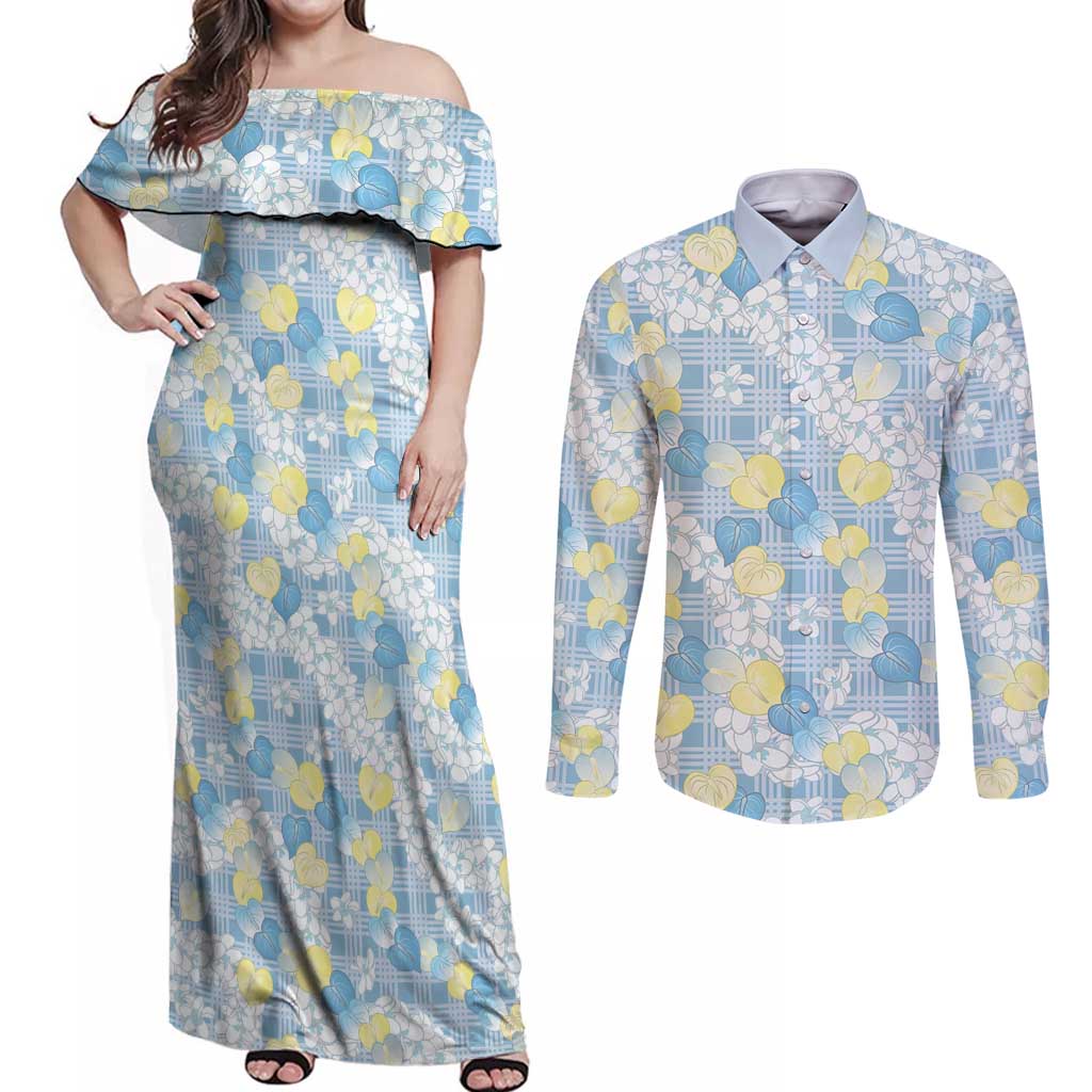 Anthurium Plumeria Lei Pastel Couples Matching Off Shoulder Maxi Dress and Long Sleeve Button Shirt Blue Hawaiian Splendid Palaka LT01 Blue - Polynesian Pride