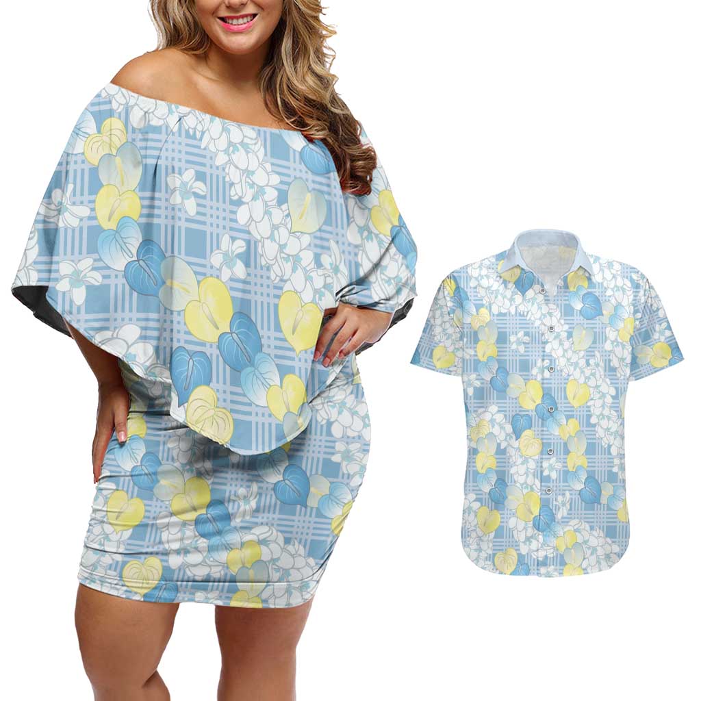 Anthurium Plumeria Lei Pastel Couples Matching Off Shoulder Short Dress and Hawaiian Shirt Blue Hawaiian Splendid Palaka LT01 Blue - Polynesian Pride