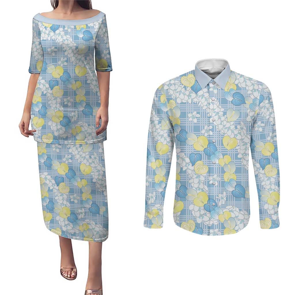 Anthurium Plumeria Lei Pastel Couples Matching Puletasi and Long Sleeve Button Shirt Blue Hawaiian Splendid Palaka