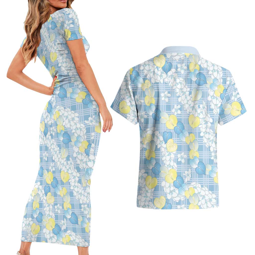 Anthurium Plumeria Lei Pastel Couples Matching Short Sleeve Bodycon Dress and Hawaiian Shirt Blue Hawaiian Splendid Palaka LT01 - Polynesian Pride