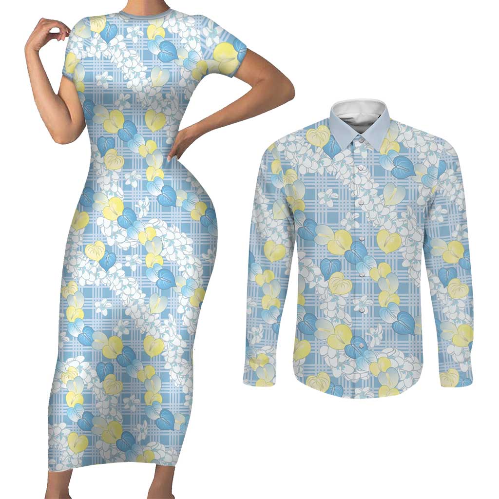 Anthurium Plumeria Lei Pastel Couples Matching Short Sleeve Bodycon Dress and Long Sleeve Button Shirt Blue Hawaiian Splendid Palaka