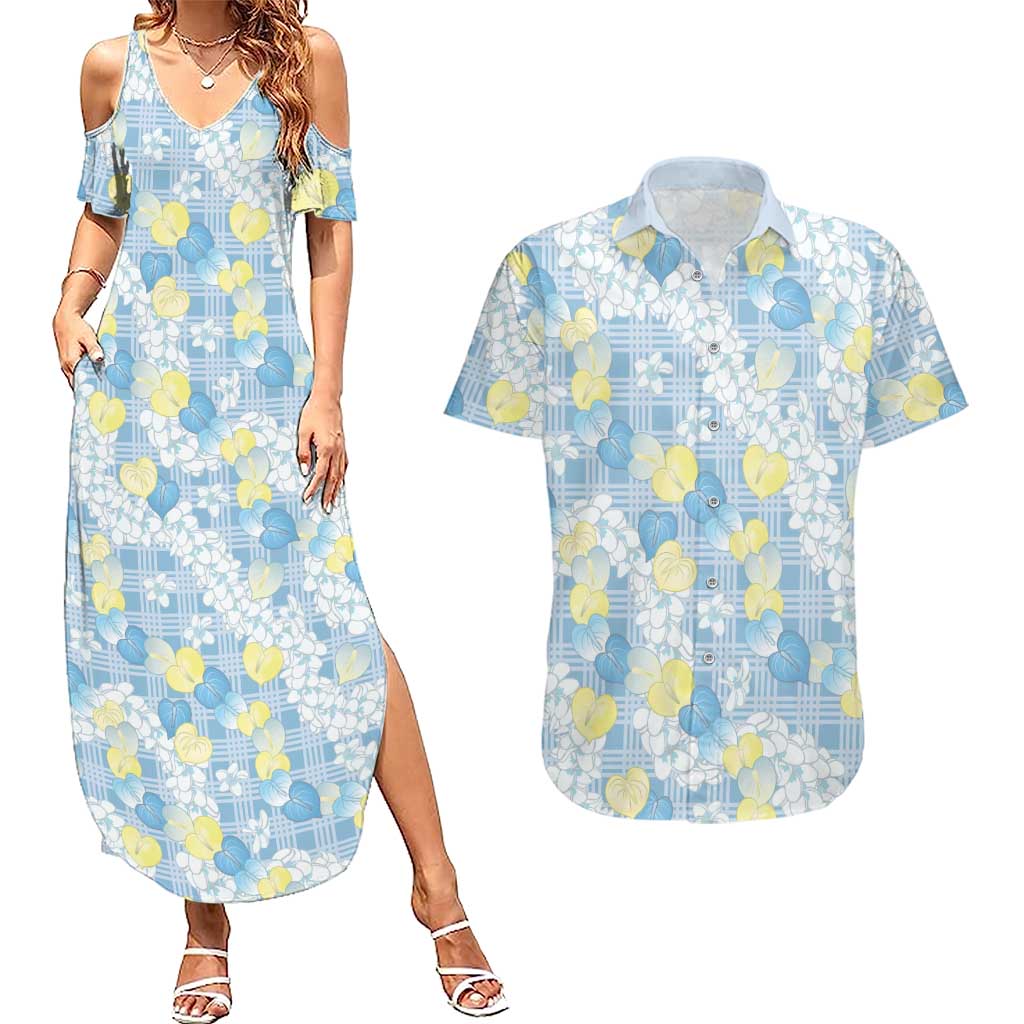 Anthurium Plumeria Lei Pastel Couples Matching Summer Maxi Dress and Hawaiian Shirt Blue Hawaiian Splendid Palaka