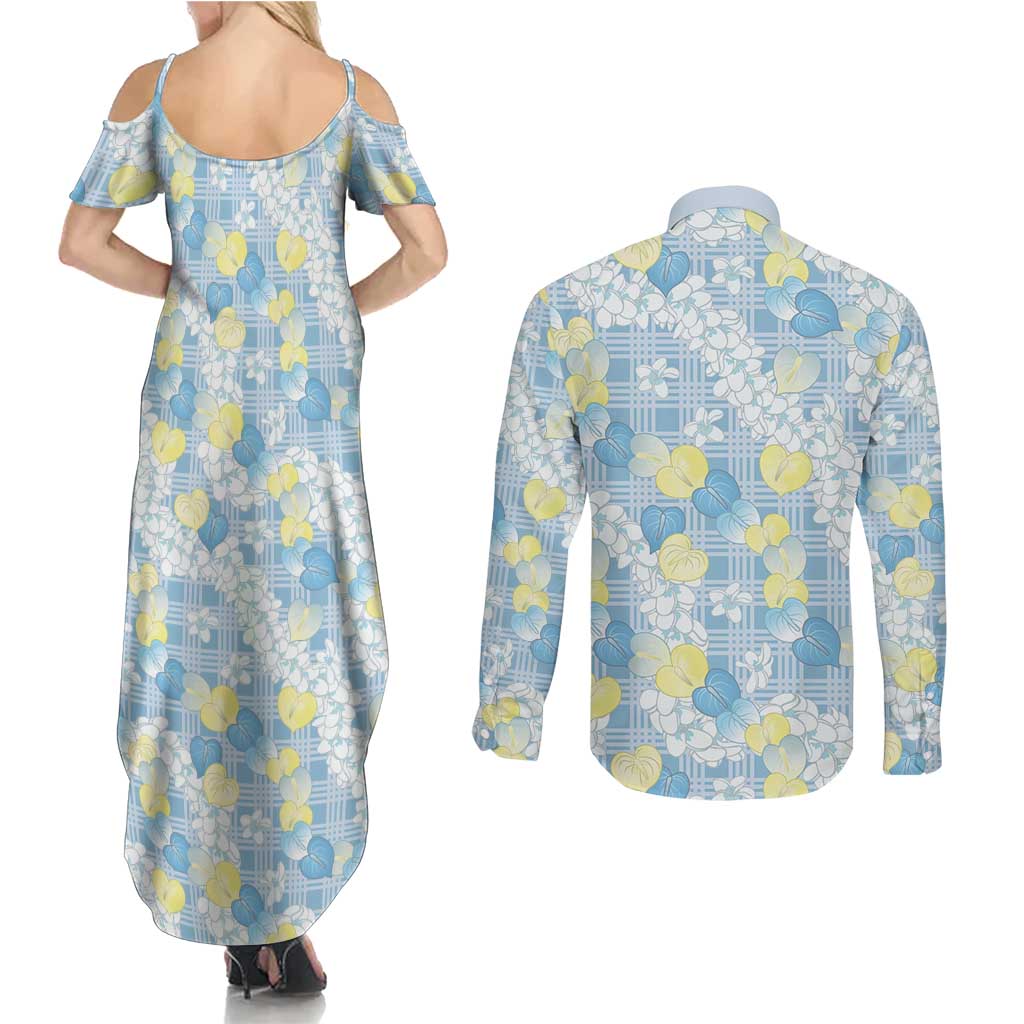 Anthurium Plumeria Lei Pastel Couples Matching Summer Maxi Dress and Long Sleeve Button Shirt Blue Hawaiian Splendid Palaka LT01 - Polynesian Pride