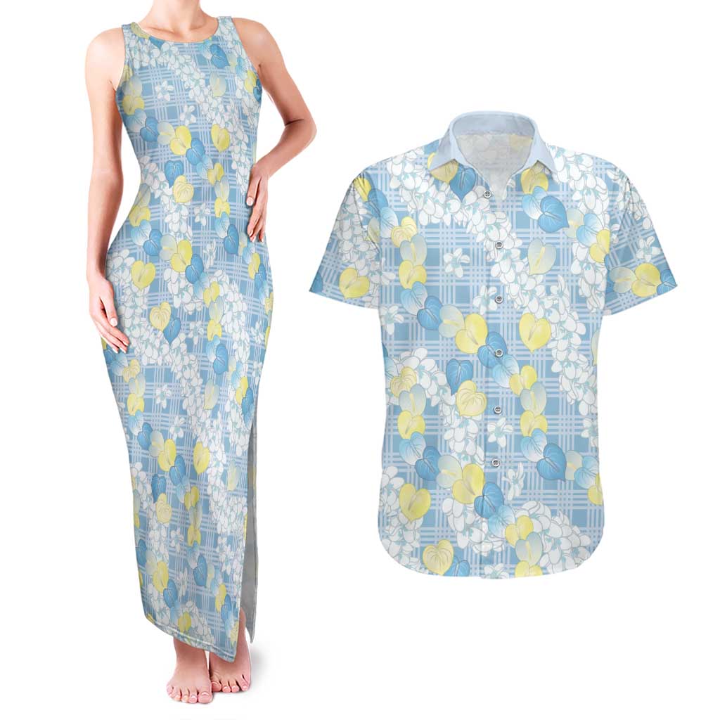 Anthurium Plumeria Lei Pastel Couples Matching Tank Maxi Dress and Hawaiian Shirt Blue Hawaiian Splendid Palaka
