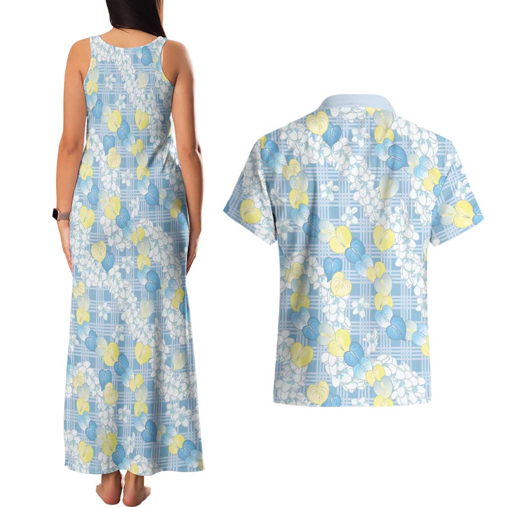 Anthurium Plumeria Lei Pastel Couples Matching Tank Maxi Dress and Hawaiian Shirt Blue Hawaiian Splendid Palaka LT01 - Polynesian Pride