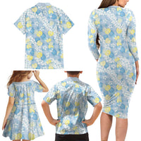 Anthurium Plumeria Lei Pastel Family Matching Long Sleeve Bodycon Dress and Hawaiian Shirt Blue Hawaiian Splendid Palaka LT01 - Polynesian Pride