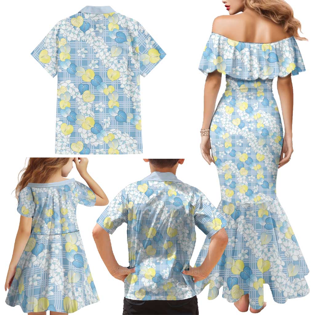 Anthurium Plumeria Lei Pastel Family Matching Mermaid Dress and Hawaiian Shirt Blue Hawaiian Splendid Palaka LT01 - Polynesian Pride