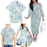 Anthurium Plumeria Lei Pastel Family Matching Off The Shoulder Long Sleeve Dress and Hawaiian Shirt Blue Hawaiian Splendid Palaka LT01 - Polynesian Pride