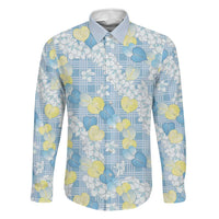 Anthurium Plumeria Lei Pastel Family Matching Off The Shoulder Long Sleeve Dress and Hawaiian Shirt Blue Hawaiian Splendid Palaka LT01 Dad's Shirt - Long Sleeve Blue - Polynesian Pride