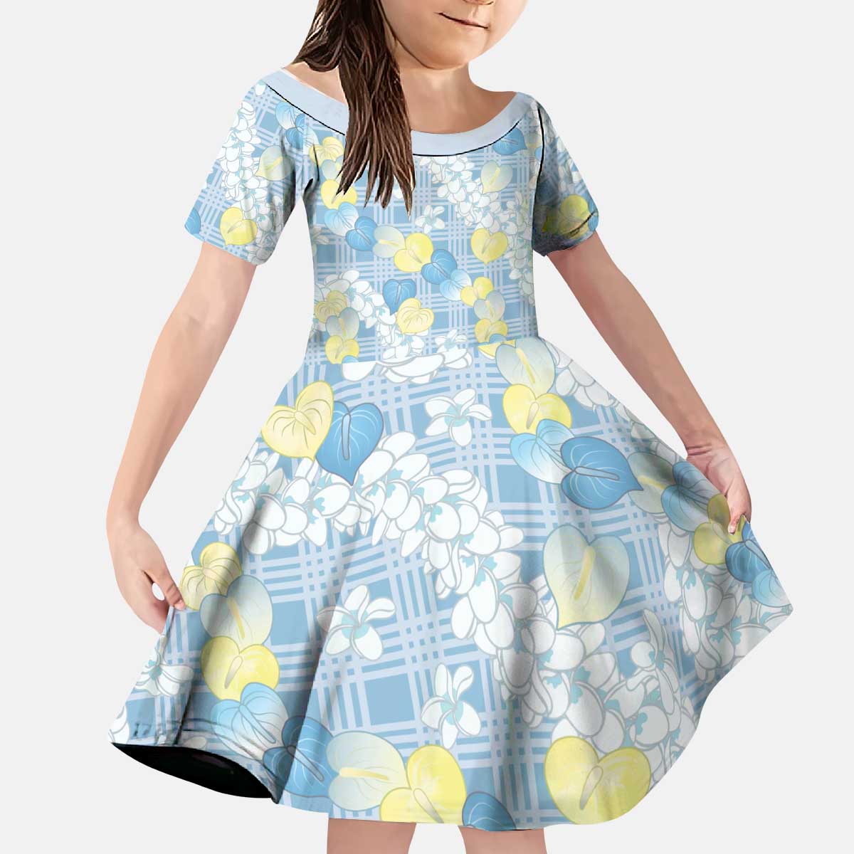 Anthurium Plumeria Lei Pastel Kid Short Sleeve Dress Blue Hawaiian Splendid Palaka