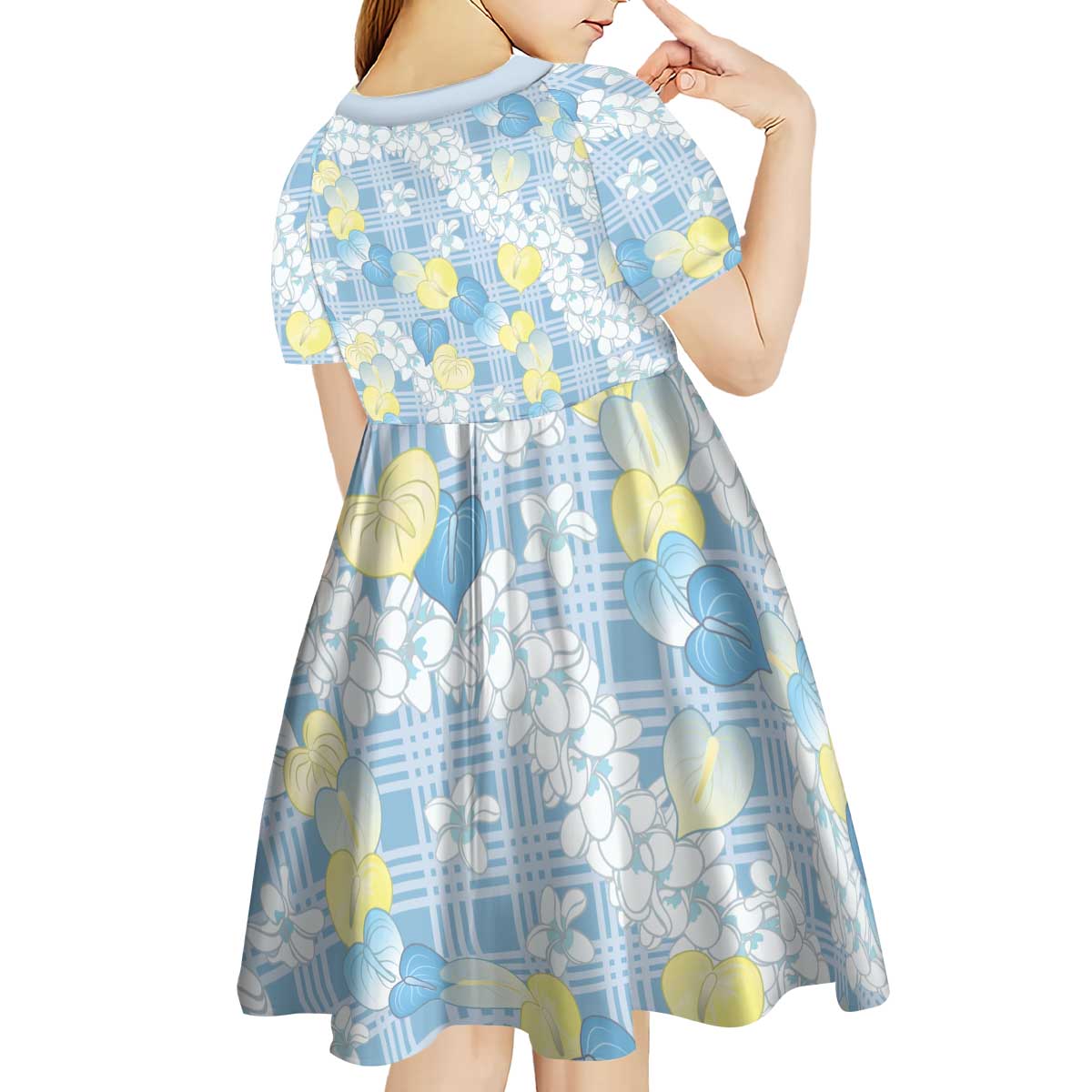 Anthurium Plumeria Lei Pastel Kid Short Sleeve Dress Blue Hawaiian Splendid Palaka