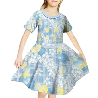 Anthurium Plumeria Lei Pastel Kid Short Sleeve Dress Blue Hawaiian Splendid Palaka