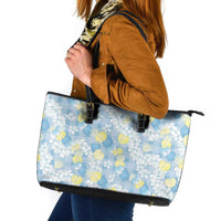 Anthurium Plumeria Lei Pastel Leather Tote Bag Blue Hawaiian Splendid Palaka LT01 Blue - Polynesian Pride
