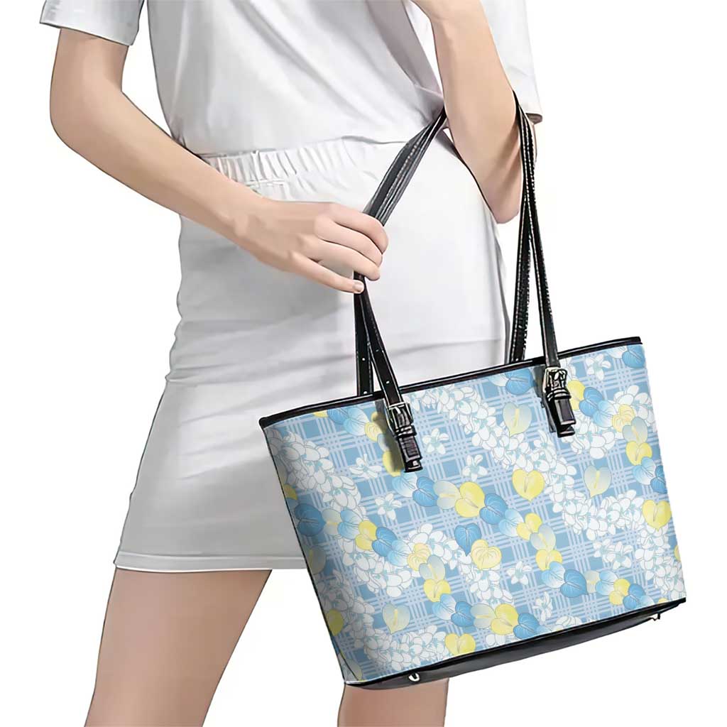 Anthurium Plumeria Lei Pastel Leather Tote Bag Blue Hawaiian Splendid Palaka LT01 - Polynesian Pride