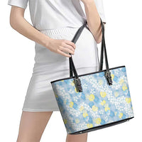 Anthurium Plumeria Lei Pastel Leather Tote Bag Blue Hawaiian Splendid Palaka LT01 - Polynesian Pride