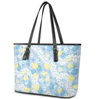 Anthurium Plumeria Lei Pastel Leather Tote Bag Blue Hawaiian Splendid Palaka LT01 - Polynesian Pride
