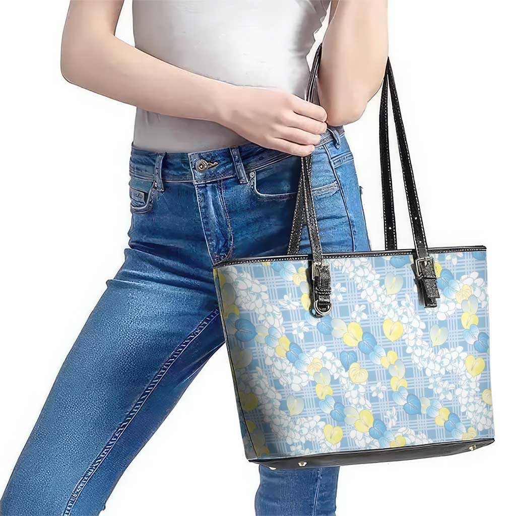 Anthurium Plumeria Lei Pastel Leather Tote Bag Blue Hawaiian Splendid Palaka LT01 - Polynesian Pride
