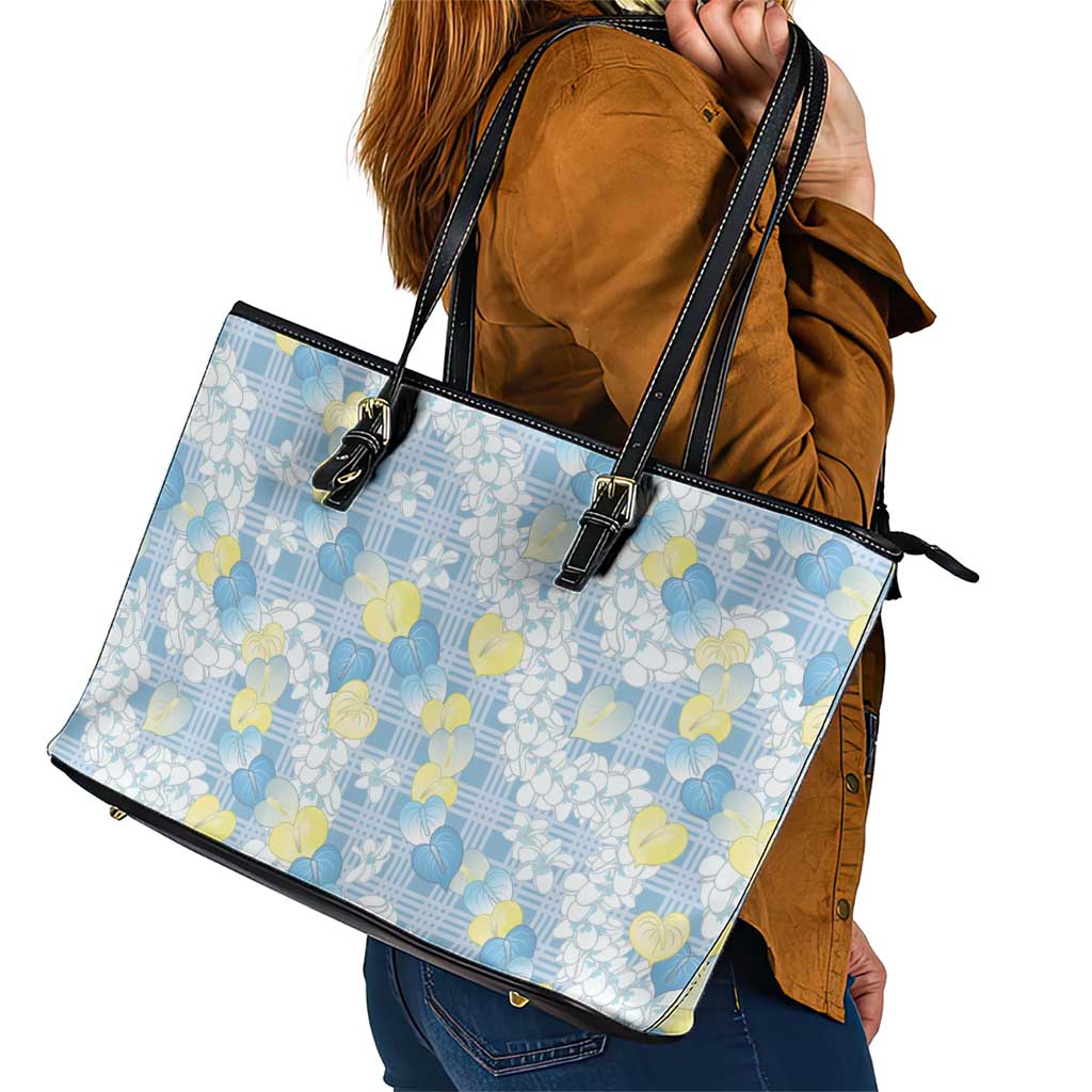 Anthurium Plumeria Lei Pastel Leather Tote Bag Blue Hawaiian Splendid Palaka LT01 - Polynesian Pride