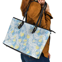 Anthurium Plumeria Lei Pastel Leather Tote Bag Blue Hawaiian Splendid Palaka LT01 - Polynesian Pride