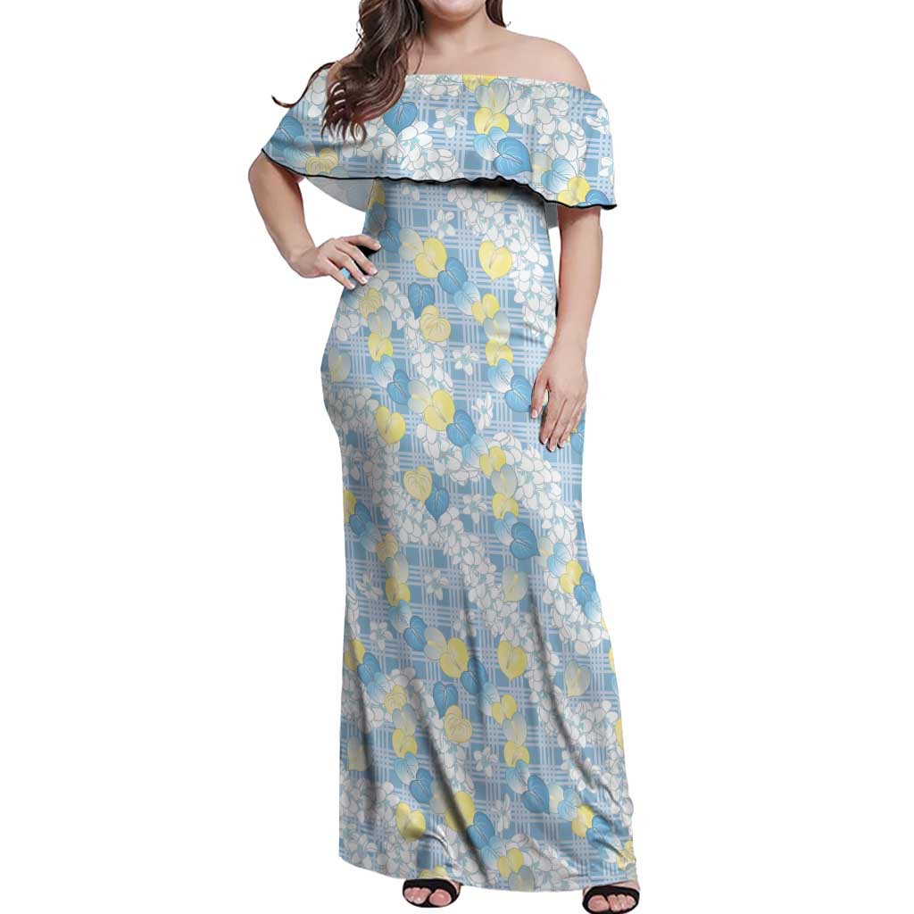 Anthurium Plumeria Lei Pastel Off Shoulder Maxi Dress Blue Hawaiian Splendid Palaka LT01 Women Blue - Polynesian Pride