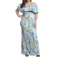 Anthurium Plumeria Lei Pastel Off Shoulder Maxi Dress Blue Hawaiian Splendid Palaka LT01 Women Blue - Polynesian Pride
