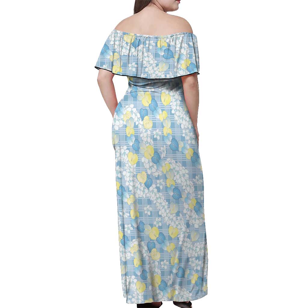 Anthurium Plumeria Lei Pastel Off Shoulder Maxi Dress Blue Hawaiian Splendid Palaka LT01 - Polynesian Pride