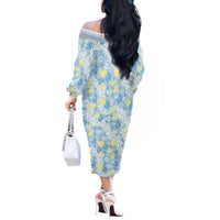 Anthurium Plumeria Lei Pastel Off The Shoulder Long Sleeve Dress Blue Hawaiian Splendid Palaka