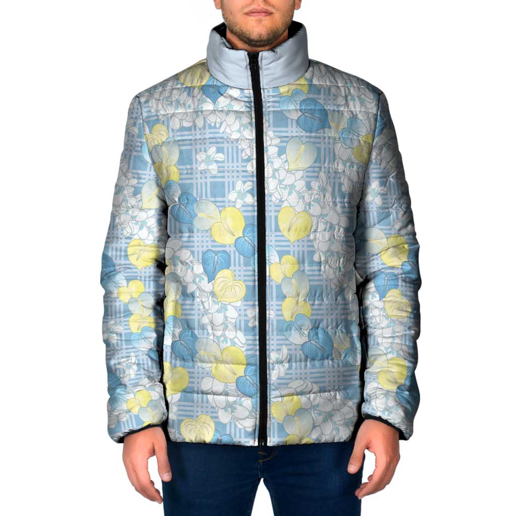 Anthurium Plumeria Lei Pastel Padded Jacket Blue Hawaiian Splendid Palaka