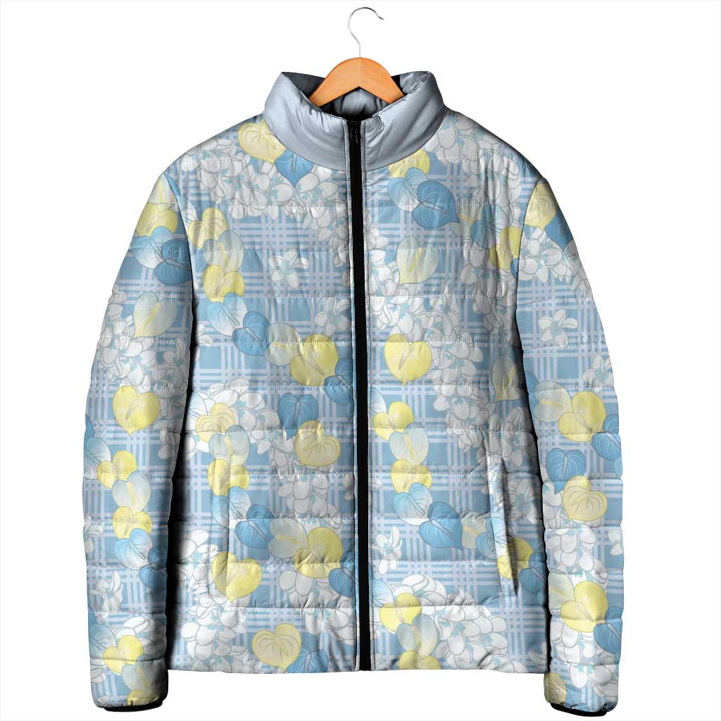 Anthurium Plumeria Lei Pastel Padded Jacket Blue Hawaiian Splendid Palaka