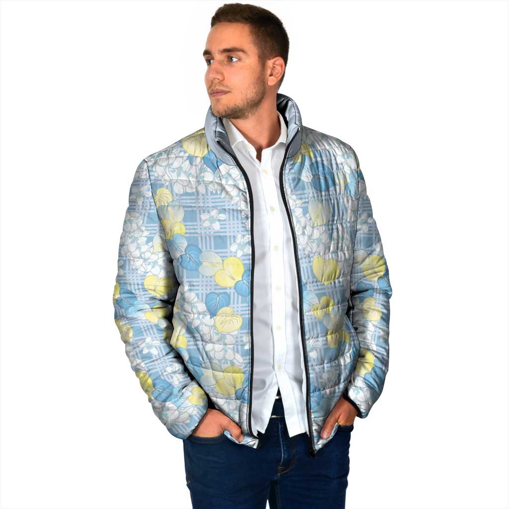 Anthurium Plumeria Lei Pastel Padded Jacket Blue Hawaiian Splendid Palaka
