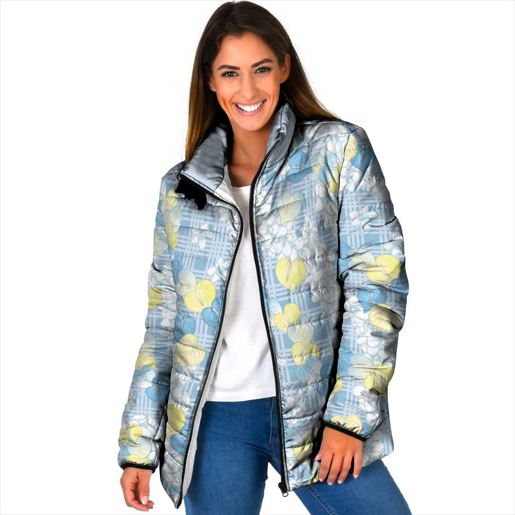 Anthurium Plumeria Lei Pastel Padded Jacket Blue Hawaiian Splendid Palaka
