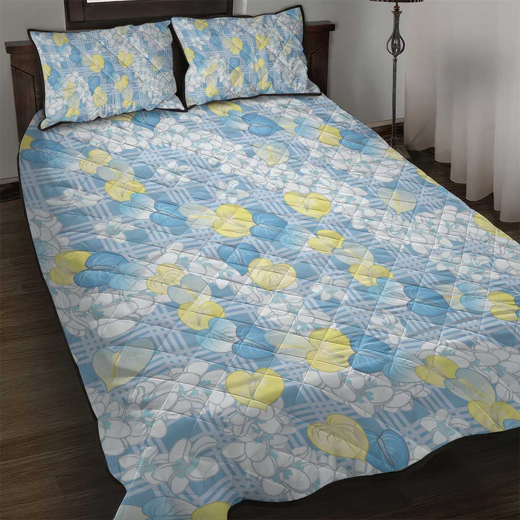 Anthurium Plumeria Lei Pastel Quilt Bed Set Blue Hawaiian Splendid Palaka