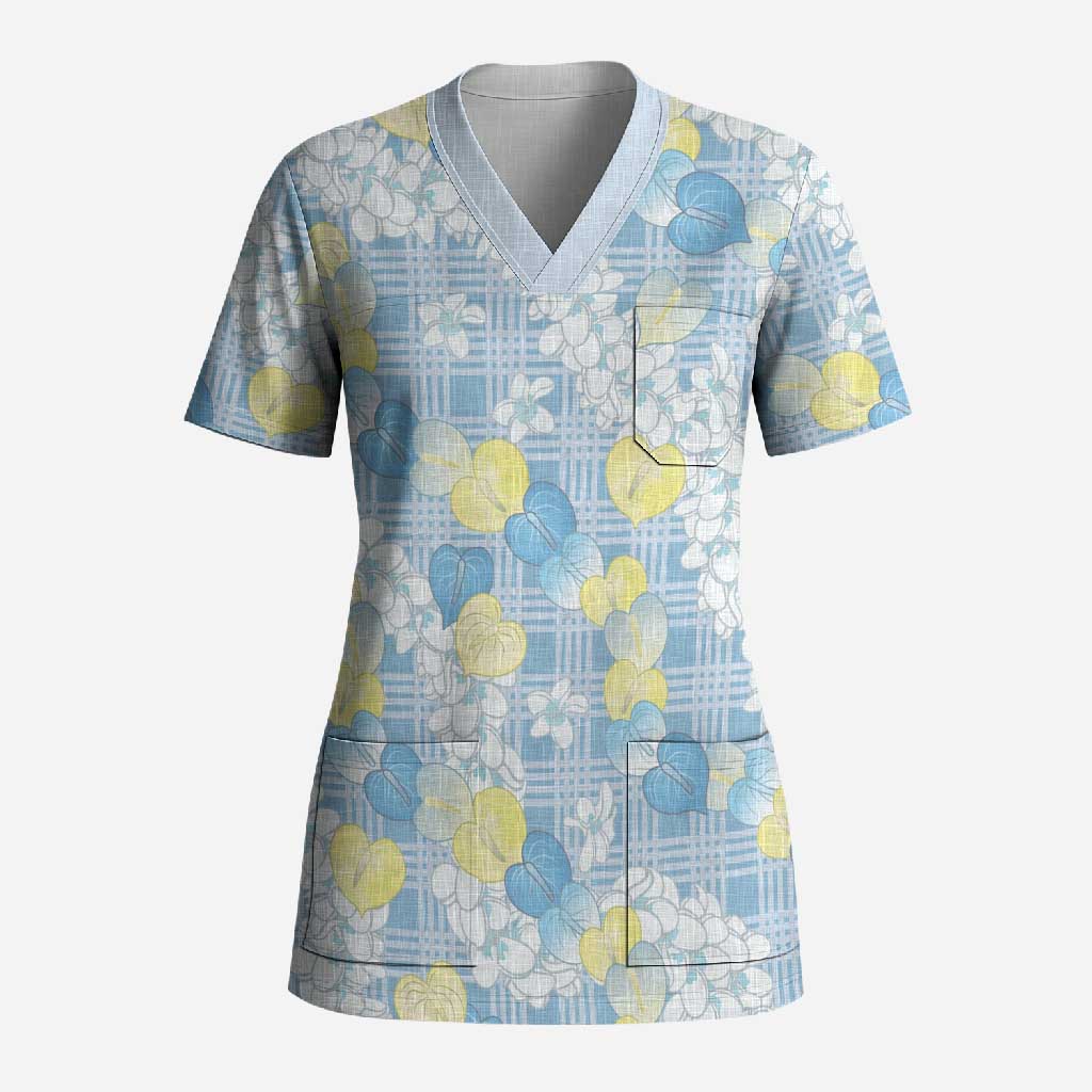 Anthurium Plumeria Lei Pastel Scrub Top Blue Hawaiian Splendid Palaka