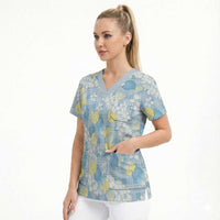 Anthurium Plumeria Lei Pastel Scrub Top Blue Hawaiian Splendid Palaka