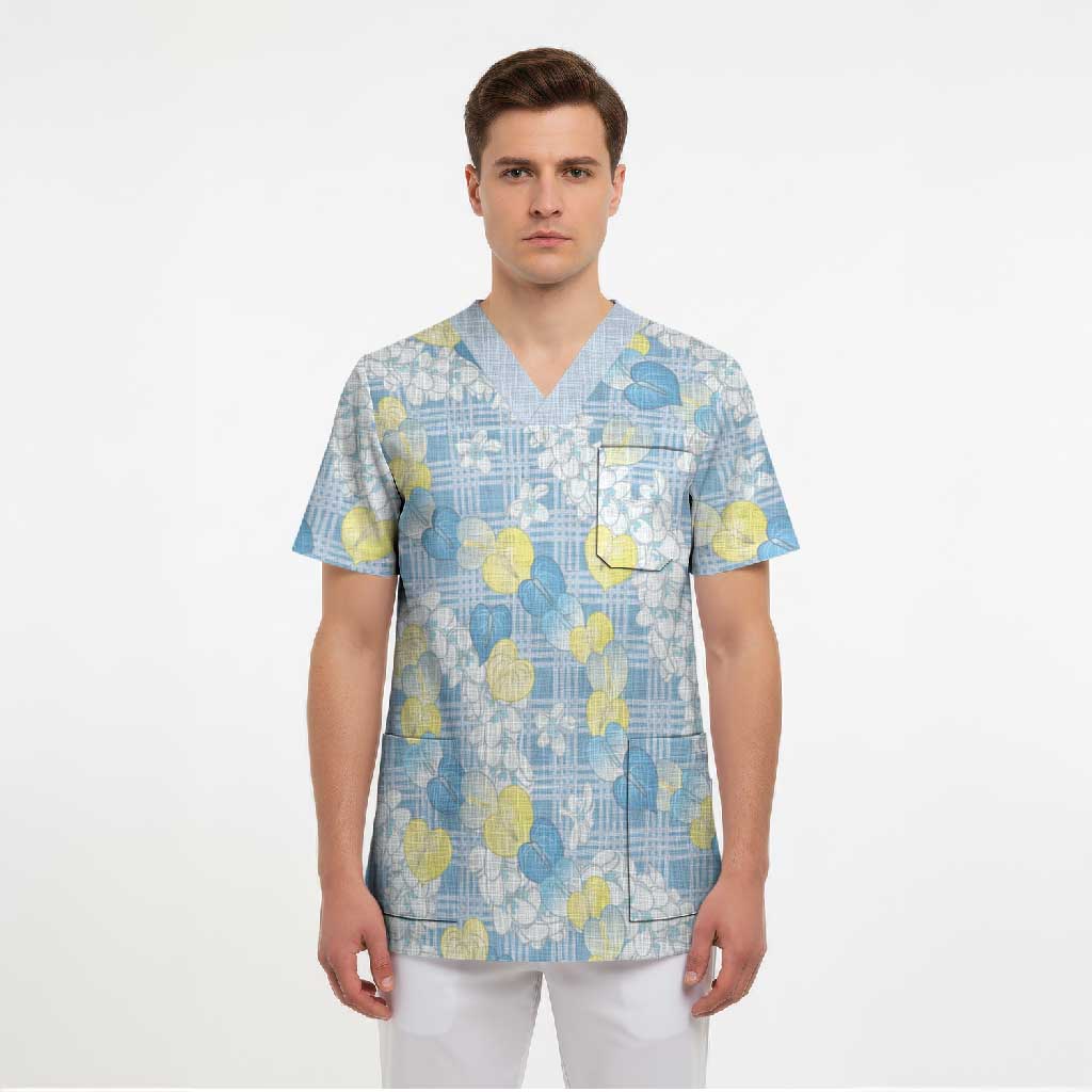 Anthurium Plumeria Lei Pastel Scrub Top Blue Hawaiian Splendid Palaka