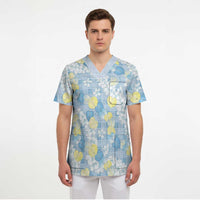 Anthurium Plumeria Lei Pastel Scrub Top Blue Hawaiian Splendid Palaka