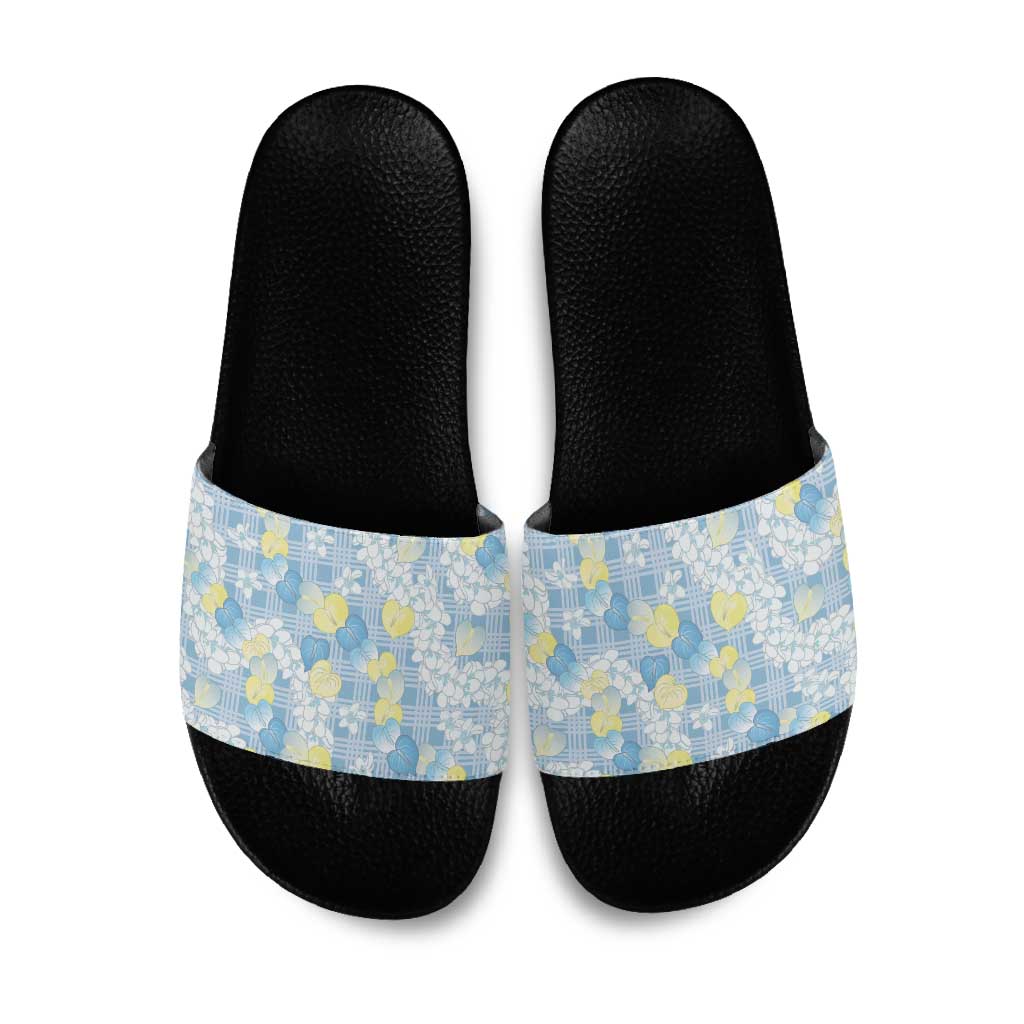 Anthurium Plumeria Lei Pastel Slide Sandals Blue Hawaiian Splendid Palaka