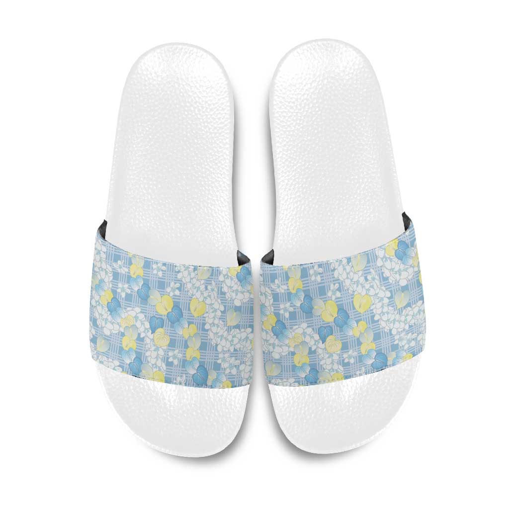 Anthurium Plumeria Lei Pastel Slide Sandals Blue Hawaiian Splendid Palaka